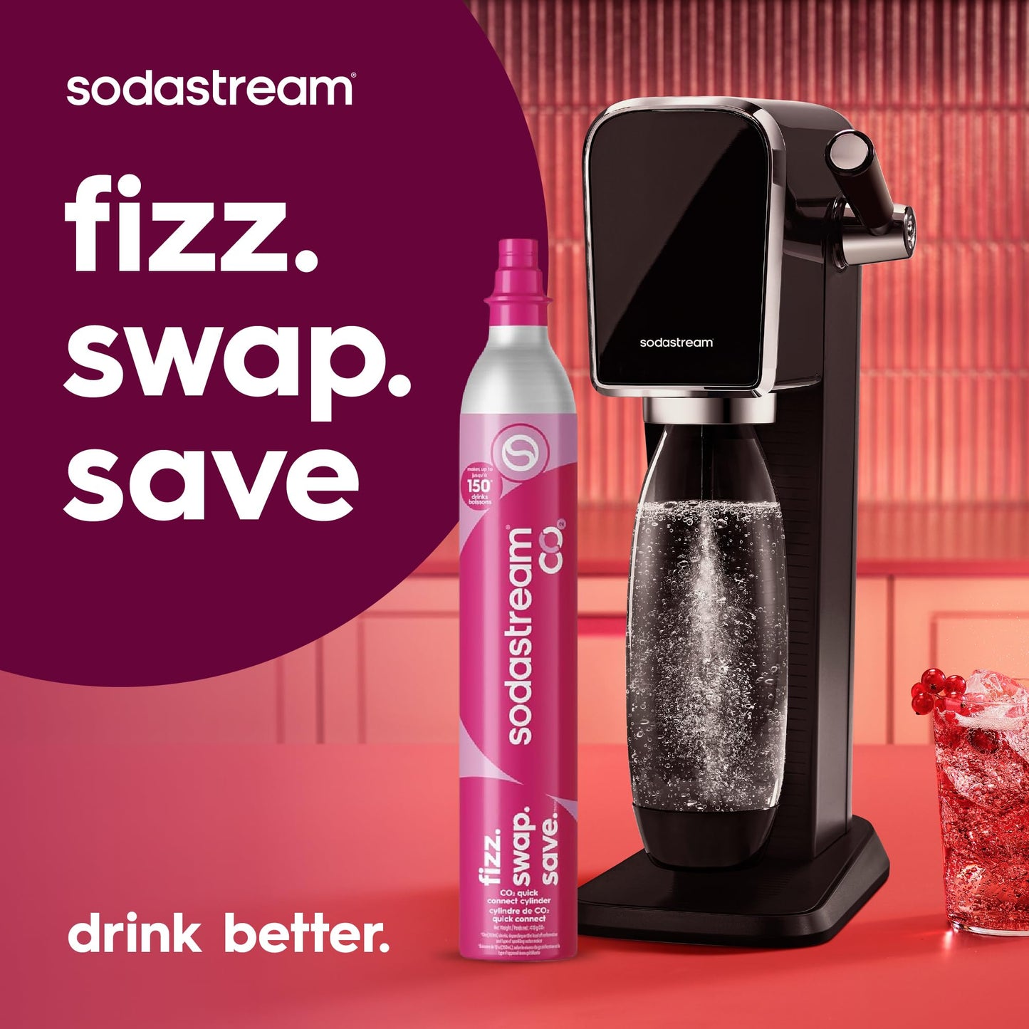 SodaStream CO2 Gas Refill Pack, 2 x 60L Pink Quick Connect Cylinders, Soda Stream CO2 Refill, Return to Earn $15 Amazon.com Gift Card, Compatible with TERRA, ART, ENSO, E-TERRA, E-DUO & Other Brands