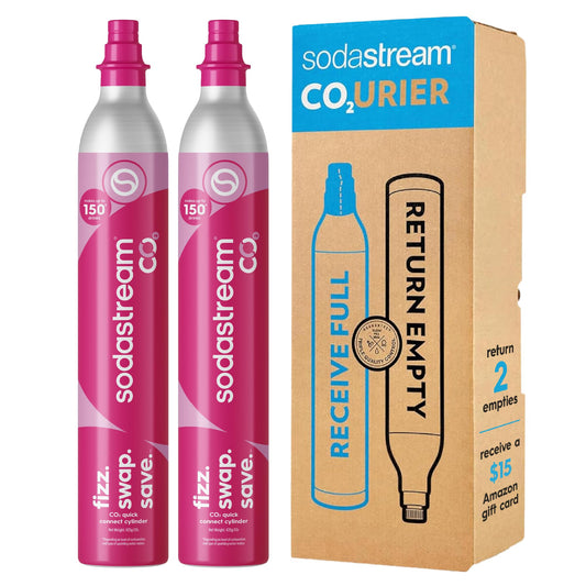 SodaStream CO2 Gas Refill Pack, 2 x 60L Pink Quick Connect Cylinders, Soda Stream CO2 Refill, Return to Earn $15 Amazon.com Gift Card, Compatible with TERRA, ART, ENSO, E-TERRA, E-DUO & Other Brands