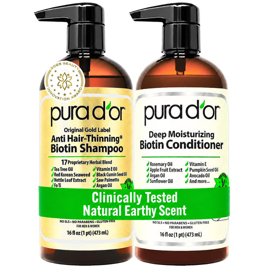 PURA D'OR Anti-Thinning Biotin Shampoo & Hair Regrowth Conditioner, CLINICALLY TESTED Effective Results, Thickening Herbal Blend For Women & Men, Original Gold Label Set, Natural Earthy Scent, 16oz x2