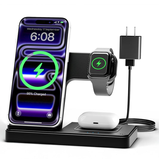 GETPALS Wireless Charger iPhone Charging Station for Apple Multiple Devices | 3 in 1 Charger Stand for iPhone 17 Pro Max 17e 16 16e 15 14 13 12 & Watch Series 11-2 SE Ultra & Airpods 4 3 Pro, Black