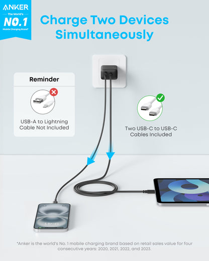 Anker Phone Charger, 20W USB C Charger Block, Type C Charger Fast Charging | For iPhone 17/17 Plus/17 Pro Max/16/16 Plus/16 Pro Max/15 Pro Max/iPad Pro and More (2-Pack with 2 Cables, Black)