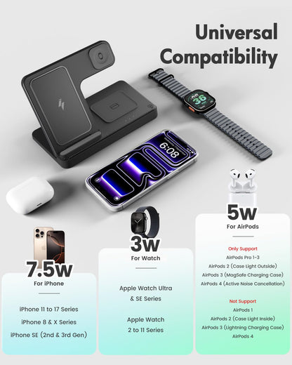 GETPALS Wireless Charger iPhone Charging Station for Apple Multiple Devices | 3 in 1 Charger Stand for iPhone 17 Pro Max 17e 16 16e 15 14 13 12 & Watch Series 11-2 SE Ultra & Airpods 4 3 Pro, Black