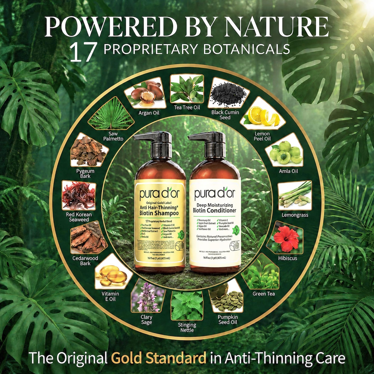 PURA D'OR Anti-Thinning Biotin Shampoo & Hair Regrowth Conditioner, CLINICALLY TESTED Effective Results, Thickening Herbal Blend For Women & Men, Original Gold Label Set, Natural Earthy Scent, 16oz x2