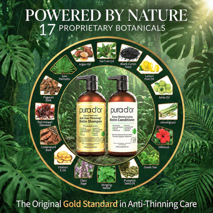 PURA D'OR Anti-Thinning Biotin Shampoo & Hair Regrowth Conditioner, CLINICALLY TESTED Effective Results, Thickening Herbal Blend For Women & Men, Original Gold Label Set, Natural Earthy Scent, 16oz x2