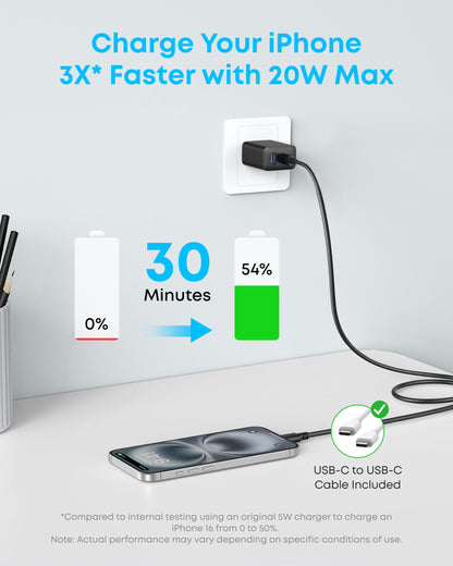 Anker Phone Charger, 20W USB C Charger Block, Type C Charger Fast Charging | For iPhone 17/17 Plus/17 Pro Max/16/16 Plus/16 Pro Max/15 Pro Max/iPad Pro and More (2-Pack with 2 Cables, Black)