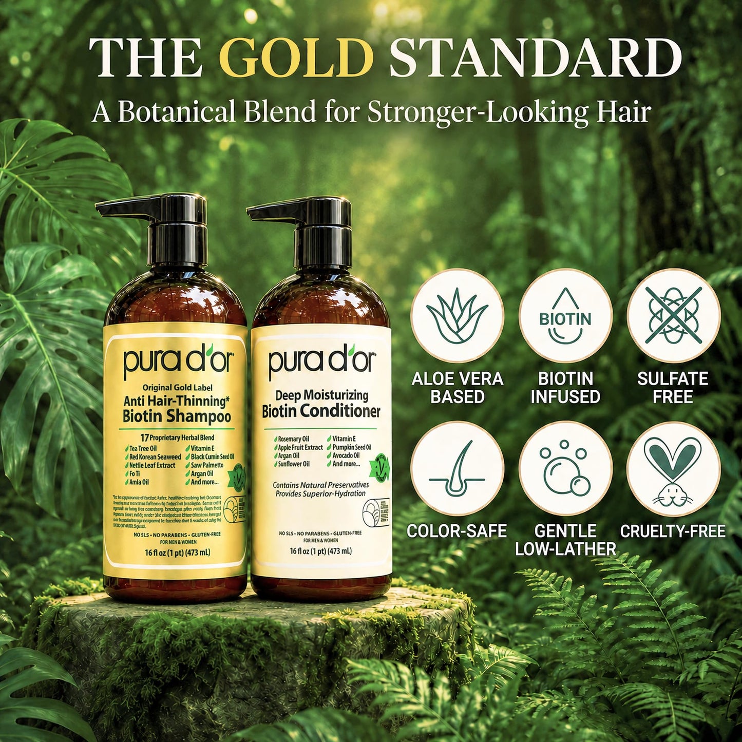 PURA D'OR Anti-Thinning Biotin Shampoo & Hair Regrowth Conditioner, CLINICALLY TESTED Effective Results, Thickening Herbal Blend For Women & Men, Original Gold Label Set, Natural Earthy Scent, 16oz x2