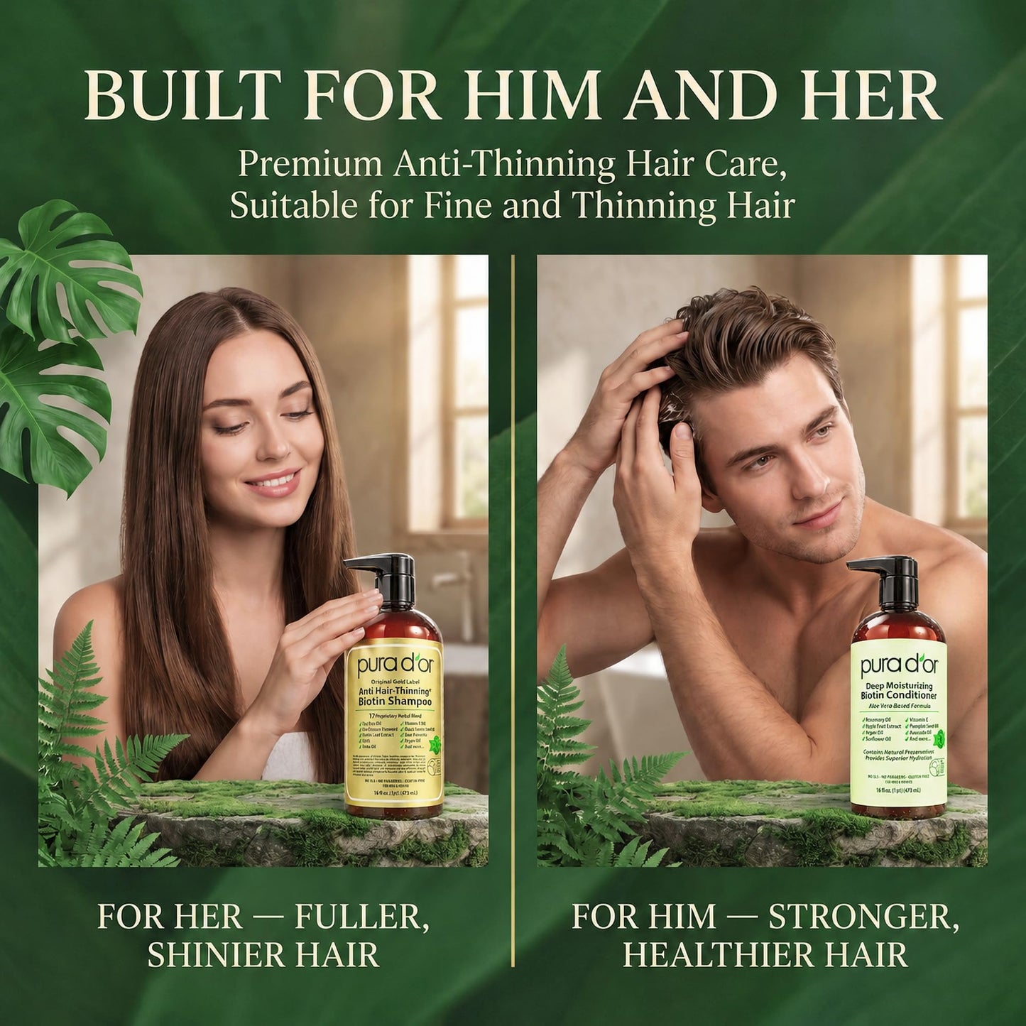 PURA D'OR Anti-Thinning Biotin Shampoo & Hair Regrowth Conditioner, CLINICALLY TESTED Effective Results, Thickening Herbal Blend For Women & Men, Original Gold Label Set, Natural Earthy Scent, 16oz x2