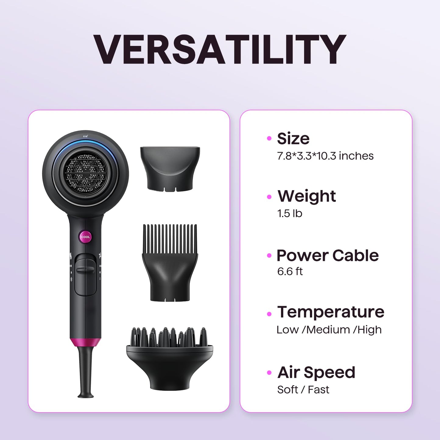 Wavytalk Blown Away Ionic Hair Dryer with Diffuser for Curly Hair | 1875W Fast Drying, 3 Attachments for All Hair Types, Ceramic Healthy Shine, Lightweight & Quiet (Black)