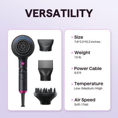 Wavytalk Blown Away Ionic Hair Dryer with Diffuser for Curly Hair | 1875W Fast Drying, 3 Attachments for All Hair Types, Ceramic Healthy Shine, Lightweight & Quiet (Black)