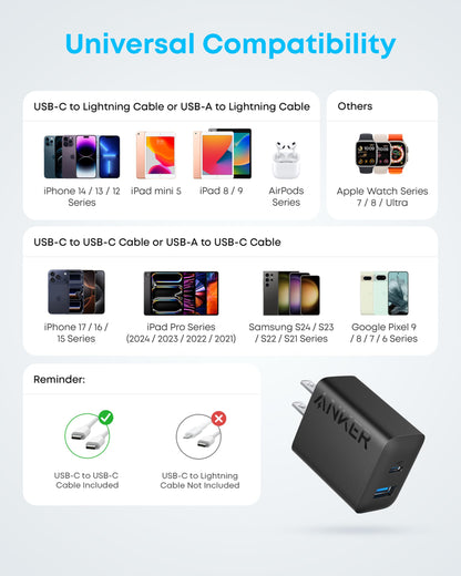 Anker Phone Charger, 20W USB C Charger Block, Type C Charger Fast Charging | For iPhone 17/17 Plus/17 Pro Max/16/16 Plus/16 Pro Max/15 Pro Max/iPad Pro and More (2-Pack with 2 Cables, Black)